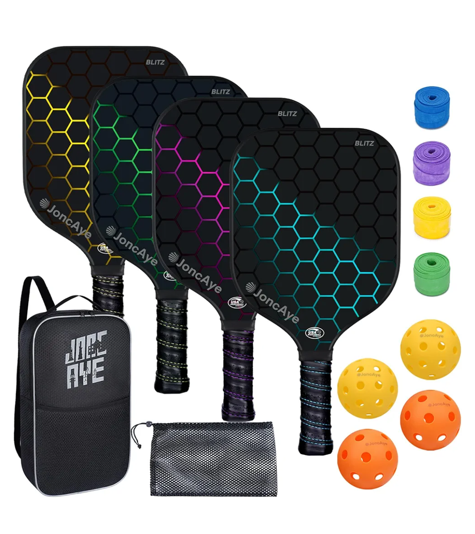 Pickleball-Paddles-Set of 4 or 2 Rackets by JoncAye, USAPA Approved Pickle-Ball Equipment with Balls, Bag, Accessories, Fiberglass Graphite Pickleball Racquet Set for Men, Women
