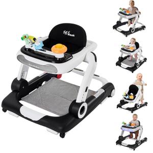 Baby Walker,4-Gear Height Adjustable Baby Walker with Wheels,5 in 1 Baby Activity Center,Music and Lights Bouncer Walker for Baby Boy 6-18 Months,Adjustable Speed Baby Push Walker (Black)