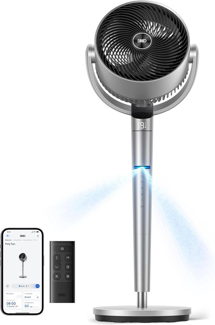 DREO Smart Fan for Bedroom, Position-based Oscillation, 150+120 3D Oscillating Fan, 110ft Pedestal Fans with Wi-Fi/Voice/Remote, Standing Fans Work with Alexa/Google, 9 Speeds, 6 Modes, 25dB, Silver, 42 inches