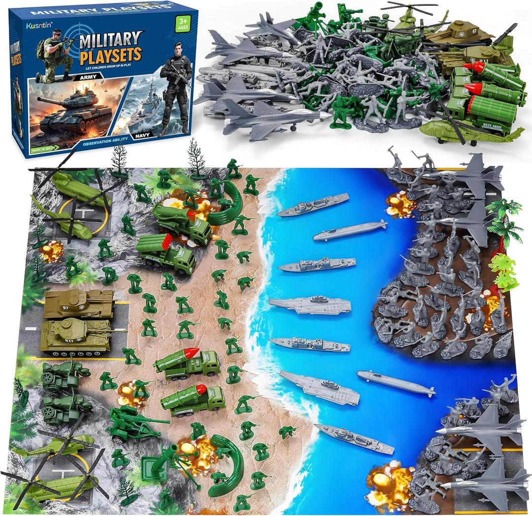 Army Men Playset  117 Pcs Military Toy Soldiers Set with Action Figures, Battle Mat, Tanks, Helicopter, Submarine & Weapon Gear  Army Toys for Boys Ages 4-12, Great Gift for Kids