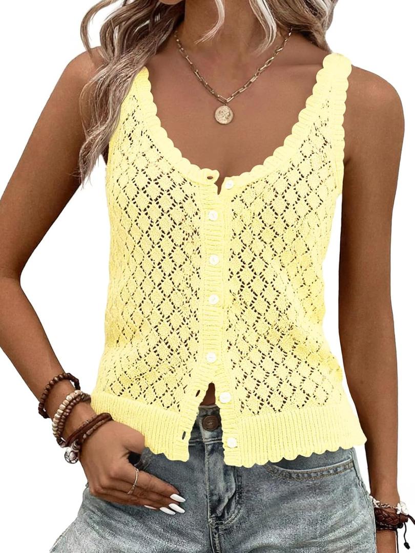 Fisoew Womens Sweater Tank Tops Summer Sleeveless Crochet Cardigan Button Down Boho Knit Going Out Vest Tops (Yellow), X-Large