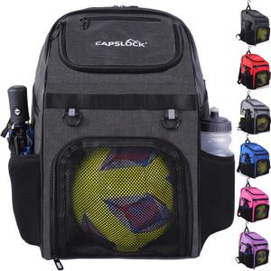 CapsLock Youth Soccer Bag - Boys Girls Soccer Backpack & Bags for Basketball, Volleyball & Football | Includes Separate Cleat and Ball Compartment, and Convenient Fence Hook. (Black)
