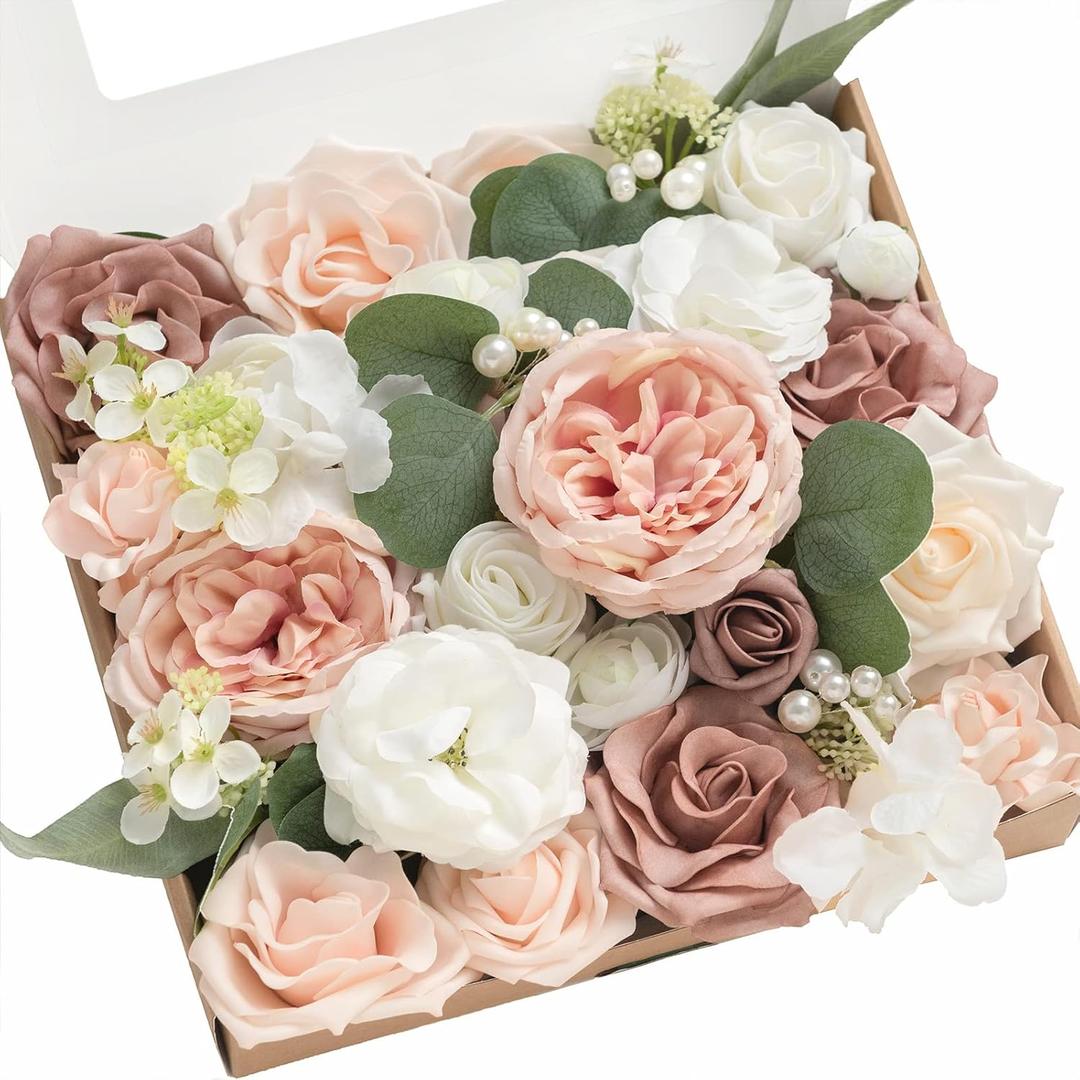 Ling's moment Fake Flowers Box, Faux Artificial Greenery Stems Foam Roses Gardenia Silk Ranunculus Peony Fabic Flower for Centerpieces Bouquet Wedding Vase, Dusty Rose & Pale Peach, Grand Combo