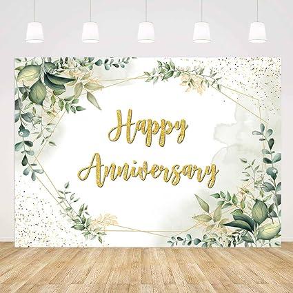7x5ft Greenery Theme Happy Anniversary Backdrop Green Leaves Gold Glitter Wedding Photography Background for Couples Anniversary Wedding Party Engagement Decorations