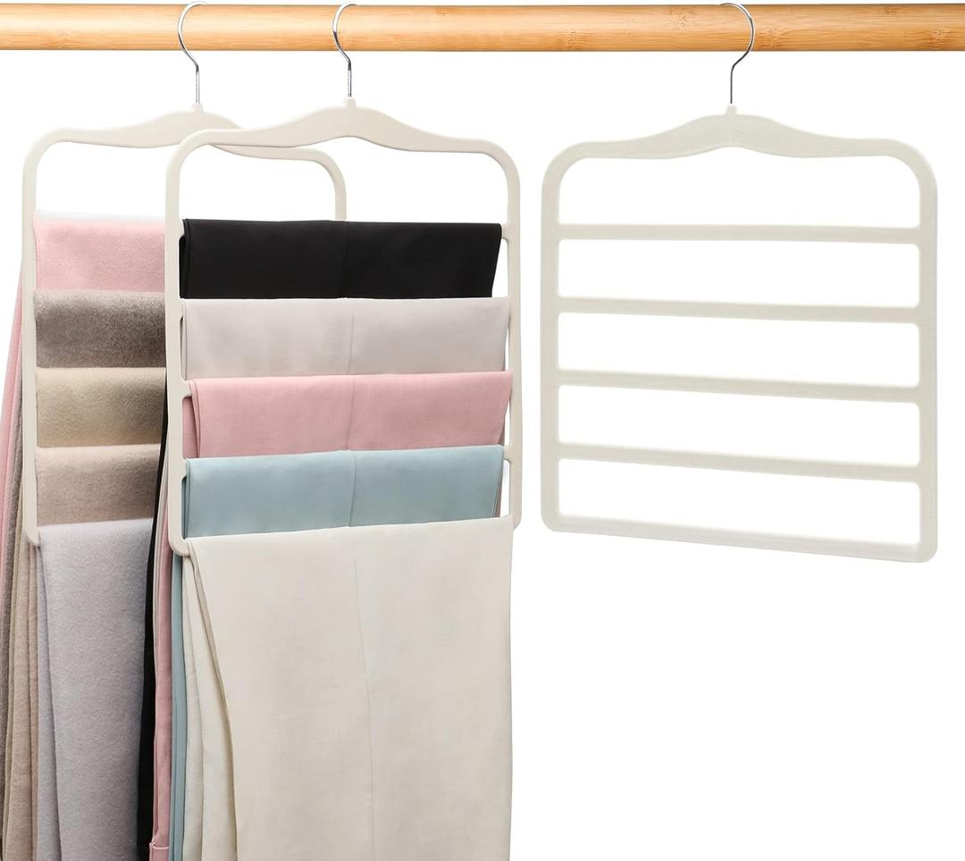 Pants Hangers Space Saving,Organization and Storage for Dorm Room Essentials for College Students Girls,Non-Slip Velvet Hangers,Multifunctional Pant Hanger Closet Organizer for Trousers Scarf-3 Pack (Large, Ivory White)