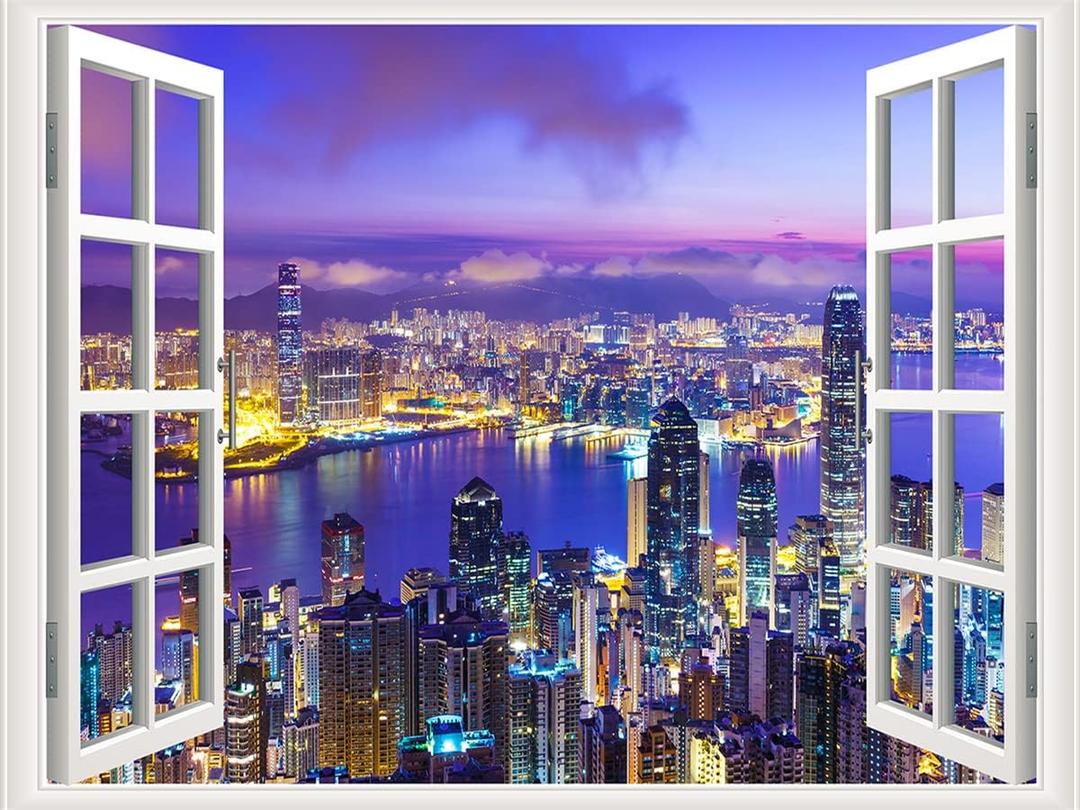 Self-Adhesive Wall Sticker Romantic Living Room Bedroom Study Office Decorative Wall Sticker Ocean Scenery Fake Window Sticker Mural (36"48", City Night)