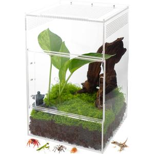 Jumping Spider Enclosure - Acrylic Terrarium Habitat for Spiders, Tarantulas, Snail, Mantis, Lizard, and Small Reptiles, Dual Sliding Doors (5.7x5.7x9 inch)