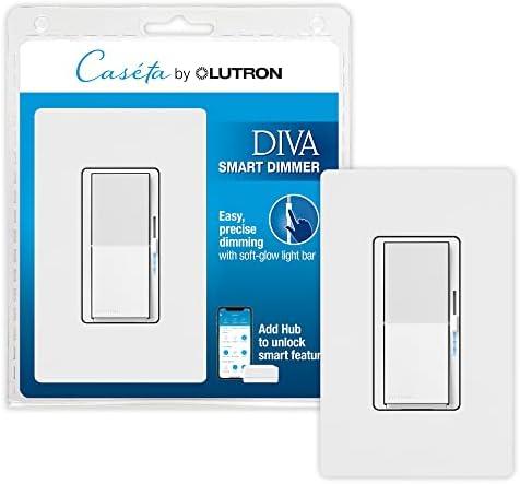 Lutron Diva Smart Dimmer Light Switch for Caseta Lighting (Lutron Smart Hub Required), for LED Lights, 150W, Single-Pole/3-Way, No Neutral, White (DVRFW-6L-WH-A)