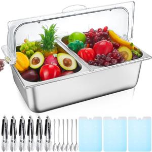 7 Compartment Condiment Tray, Stainless Steel Chilled Food Server with Lid