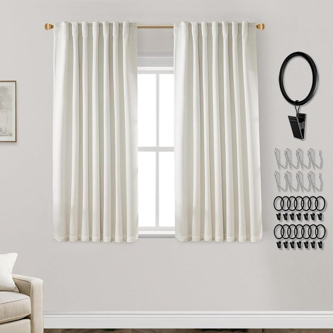 Short Curtains for Windows Bathroom,Blackout Linen Boho Back Tab Pleated Cafe Curtains for Kitchen Bedroom,45 Inch Length 2 Panels Set,Cream Beige Off White