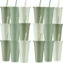 Skylety 24 Pcs Sage Green Plastic Cups with Lids and Straws 24 oz Reusable Tumbler Large Travel Mug Cup Coffee Beverage Drinks Party Supplies for Wedding Bridal Baby Shower Birthday