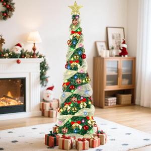 5FT Pop Up Christmas Tree with Lights, Collapsible Tinsel Pencil Christmas Tree with 8 Lighting Modes and Red Gold Decoration, Skinny Artificial Xmas Tree for Home Office Apartment Holiday Party Decor