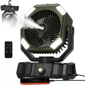 USONE Misting Fan, 5-in-1 Portable Tent Fan, [16-65Hrs] 20000mAh Rechargeable Camping Fan, 2 Spray Modes, 300mL Tank, LED Light & Hook, Remote & Timer, Outdoor Fan for Patio, Beach,Olive Green