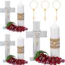 Amyhill 3 Sets Cross Table Decor Baptism Centerpieces Sets Confirmation Candle Standing Cross with Jhs Candles First Communion Table Decor for Wedding Baby Shower Christening Church