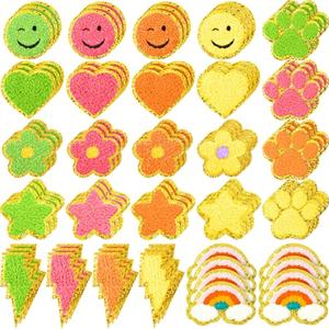 Hanaive 80 Pcs Chenille Letter Patches Self Adhesive Iron on Patch 3D Cute Embroidered Rainbow Smile Face Heart Applique Sewing Badges Patch for Fabric Clothing Jacket DIY(Neon Color,Cute)