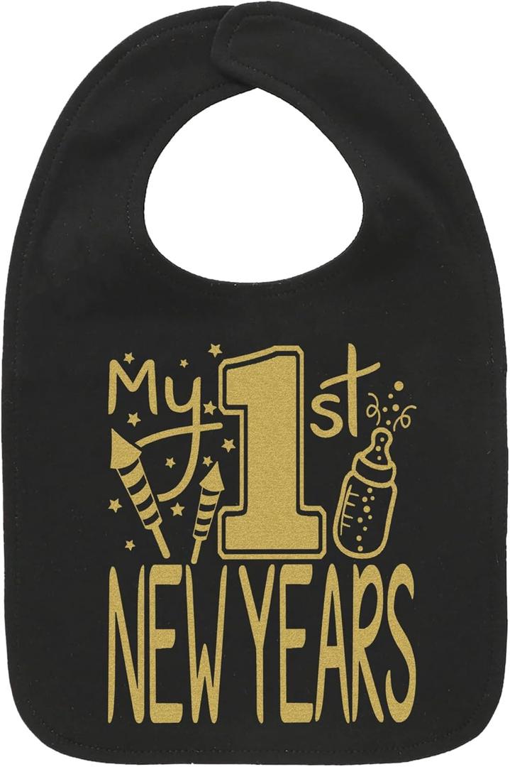 Aiden's Corner Cute Handmade Holiday Baby 1st New Year Bibs - Infant Boy Girl Gold Flake My First New Years Bib (Black)