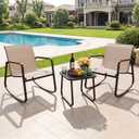 YITAHOME 3 Piece Outdoor Rocking Bistro Set, Textilene Patio Furniture Set with Wooden Armrests, Porch Chairs Set with Glass Table for Garden, Lawn, Poolside, Balcony, Beige