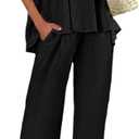 Tankaneo Womens 2 Piece Linen Sets Summer Vacation Outfits V Neck Puff Sleeve Babydoll Tops Wide Leg Pants Matching Sets (Black, XL)