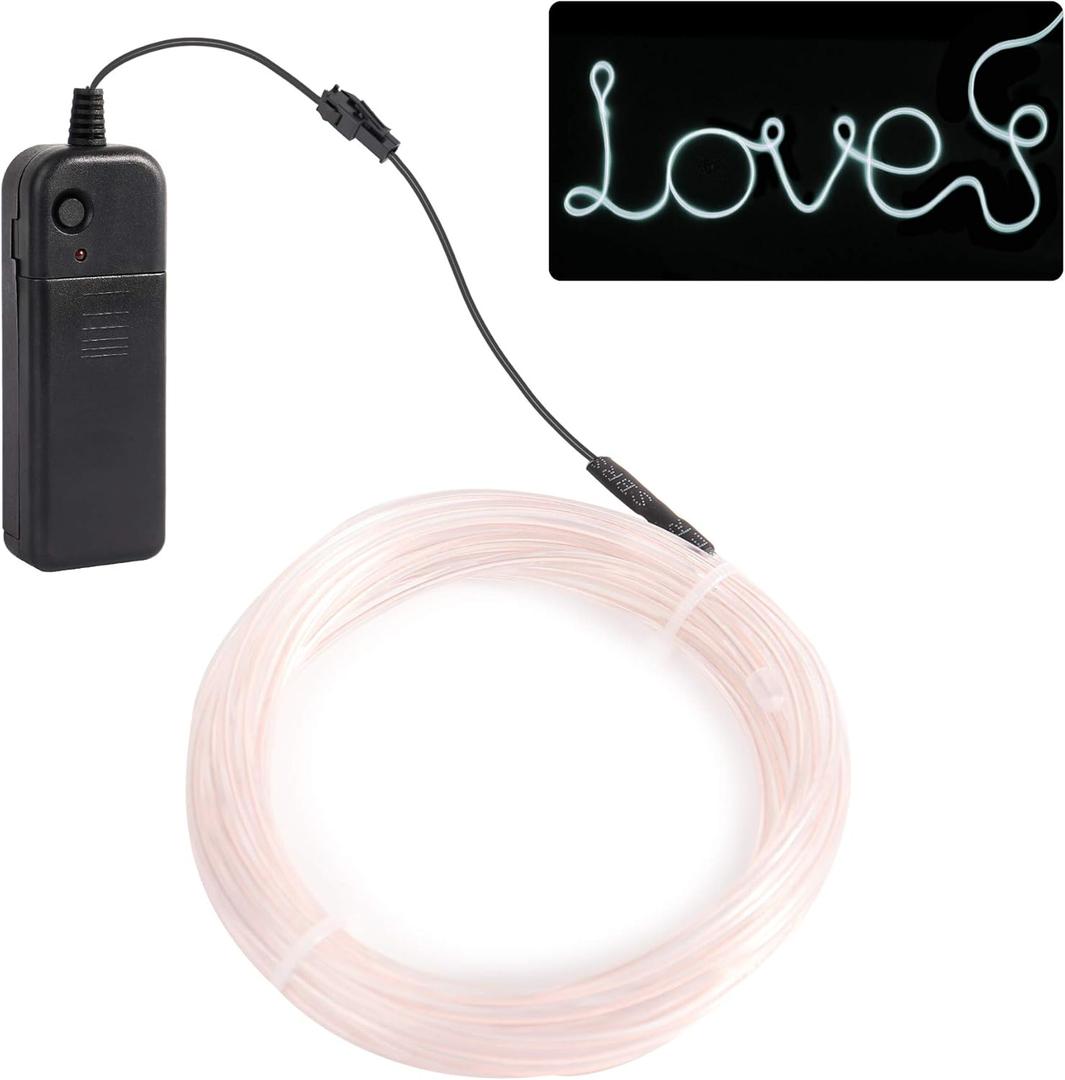 EL Wire Light, 16.4ft/5m Portable Battery Pack Neon Lights Strip 360 Cuttable Glowing Rope Lights for Parties, Halloween, DIY Decoration(White)