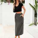 Women's Casual High Waist A Line Midi Skirt Flared Drawstring Stretchy Skirt(Small, Dark Gray) (Gray, S)