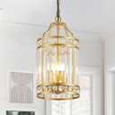 Modern Gold Pendant Island Light Fixtures for Kitchen, Luxury Elegant Crystal Small 4-Light Chandeliers for Dining Room, Industrial Cage Hanging Ceiling Lighting for Bedroom Foyer Hallway