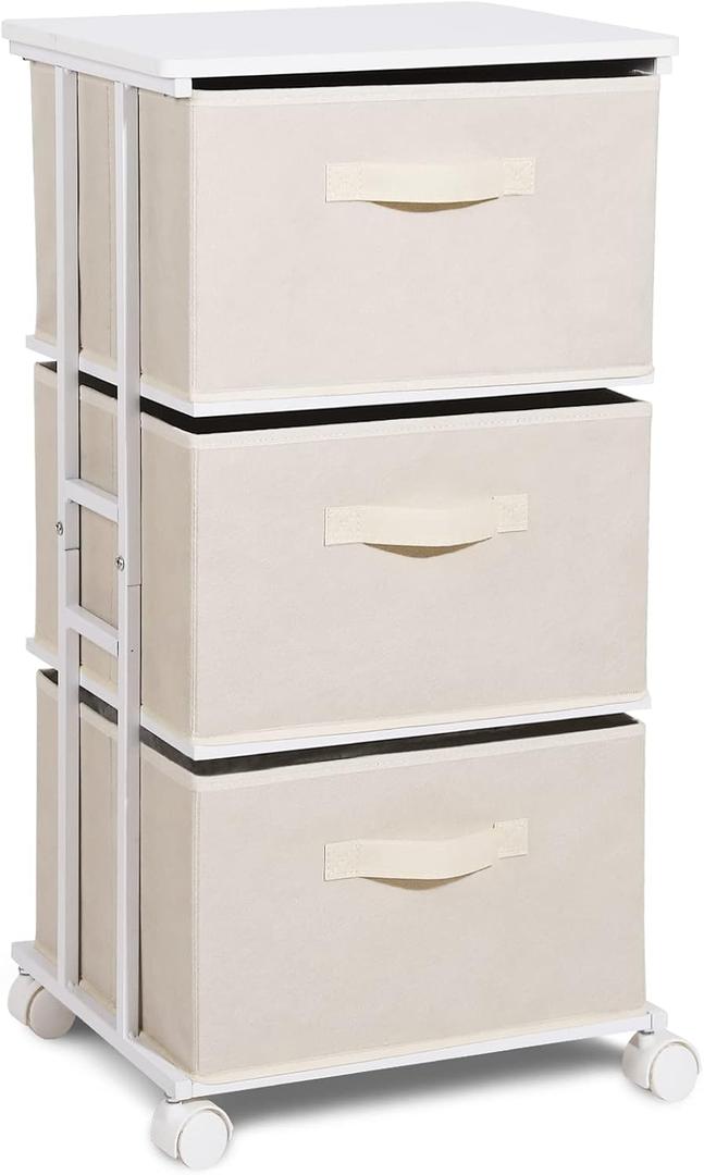 Dresser Tower with 3 Drawers for Bedroom, Fabric Storage Organizer Unit, Chest of Drawers with with WoodTop, Small Vertical Storage for Guest Room, Closet, Entryway(Beige)