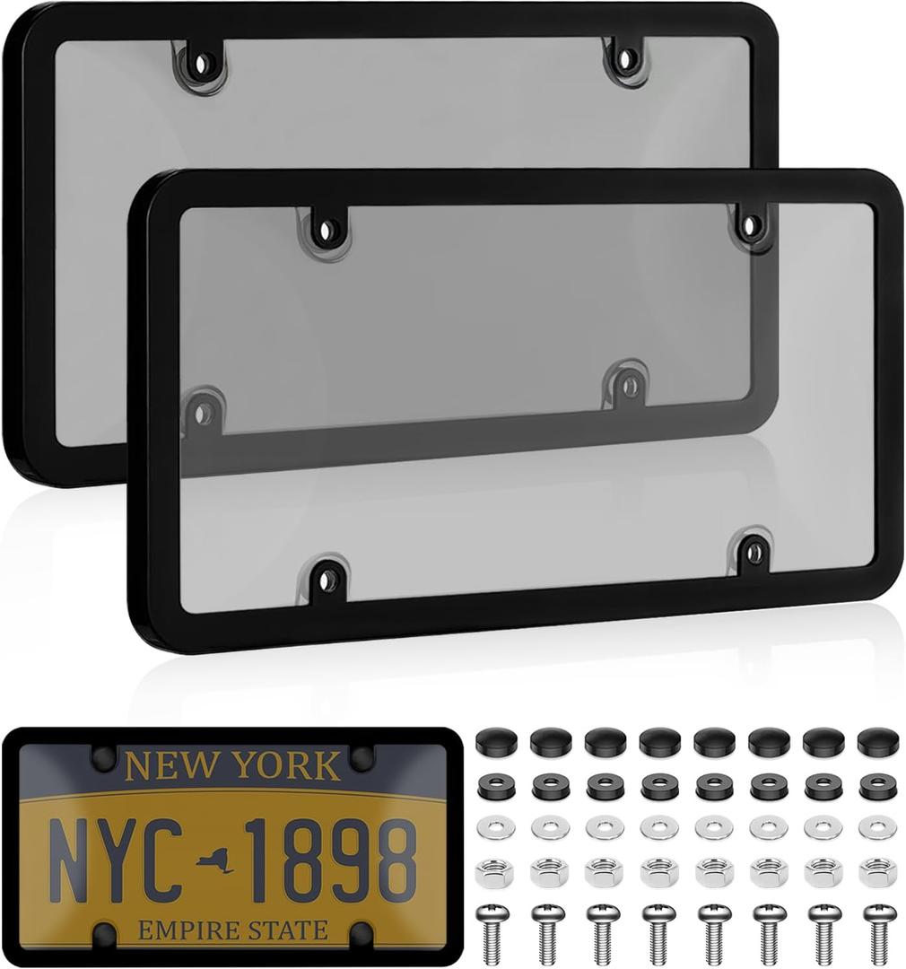 Clear License Plate Protector, 2 Pack License Plate Covers & Frames Unbreakable Plastic Car Shields Holder Fits Standard US Plate with Screws Caps (Gray)