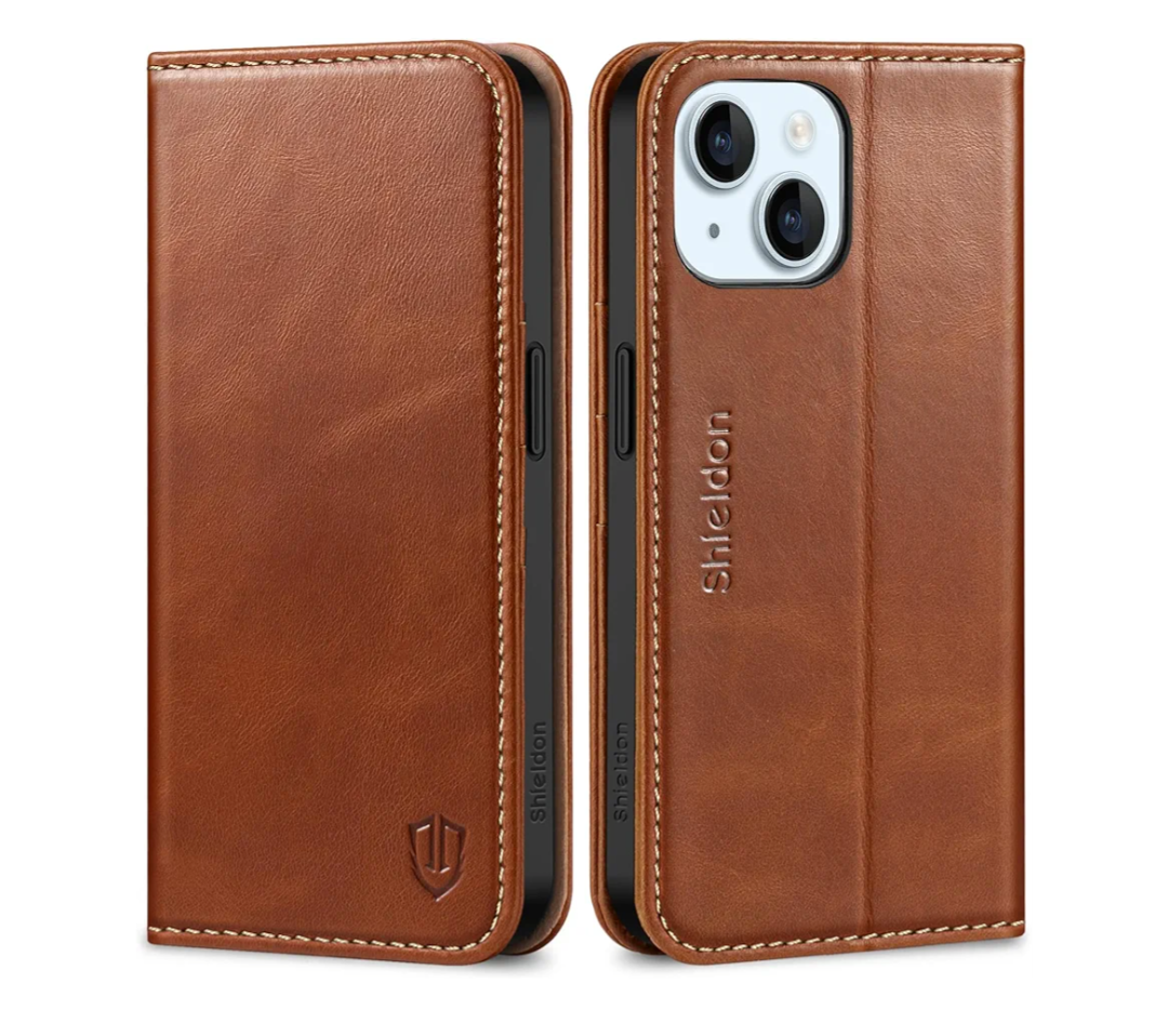 SHIELDON Case for iPhone 15 2023, Genuine Leather Wallet Book Case Magnetic RFID Blocking Credit Card Holder Kickstand Shock Absorbing Cover Compatible with iPhone 15 6.1" - Retro Brown