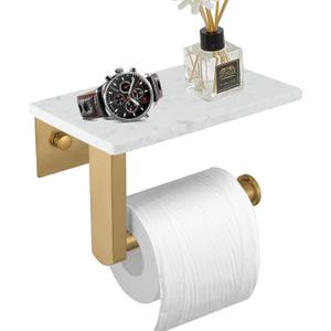 BWE Brushed Gold Toilet Paper Holder with Marble Shelf, Toilet Paper Roll Holder Wall Mounted, Toilet Paper Roll Holder with Phone Shelf 304 Stainless Steel Tissue Holder for Bathroom Washroom