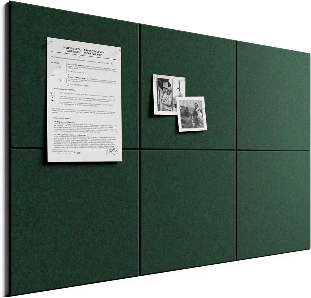 Bumusty Large Cork Board 36" x 24" Alternative - 6 Pack Felt Wall Tiles with 40 Safe Removable Adhesive Tabs, 30 Pushpins, Cork Boards for Walls Pin Board Bulletin Board Office Decor (Pine Green)