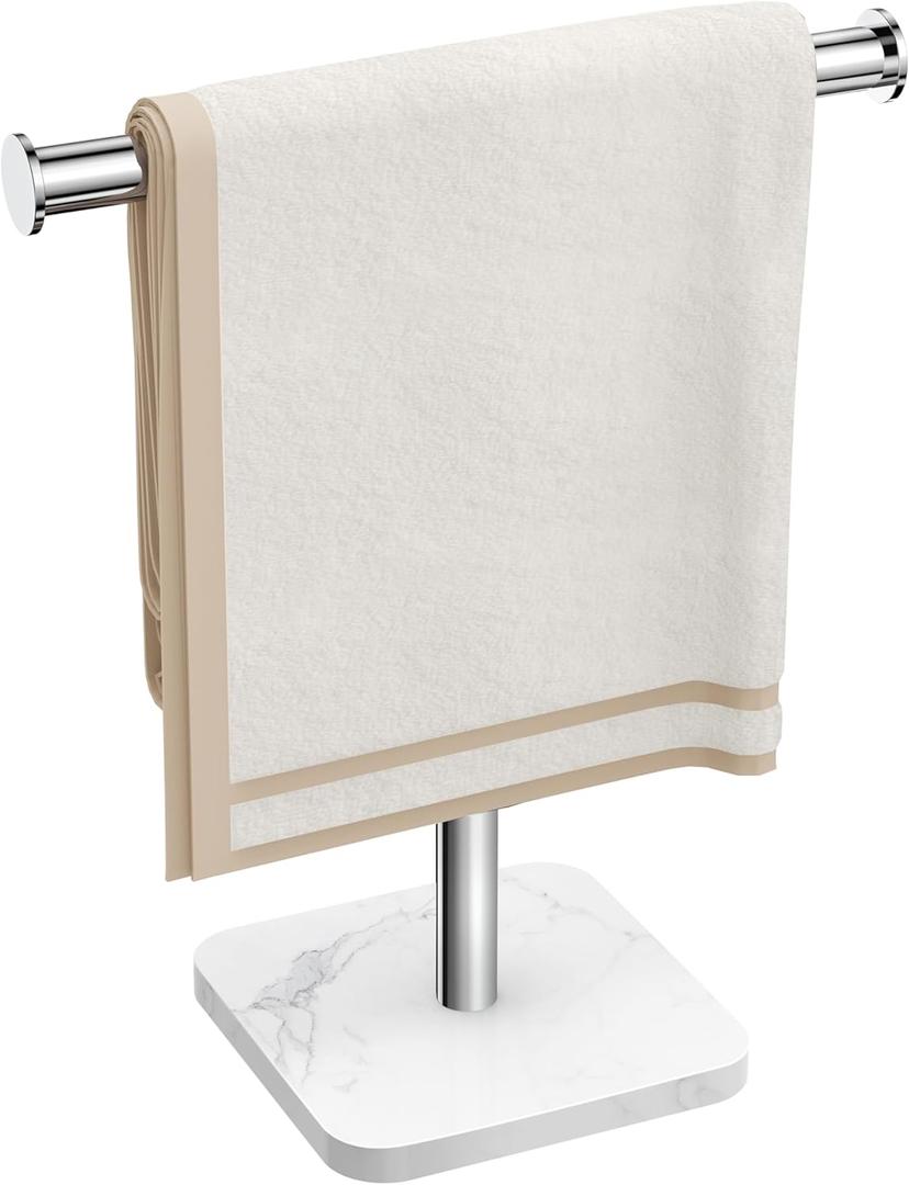 RUACQ Hand Towel Holder, T-Shape Free Standing Hand Towel Holder Stand with Marble Base, 304 Stainless Steel Hand Towel Stand for Bathroom Kitchen Vanity Countertop(Chrome)