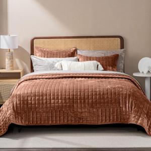 RECYCO Luxury Velvet Quilt Set King Size Bedding Sets, Ultra Soft Velvet Comforter Set, Lightweight Channel Box Stitch Oversized Bedspread Coverlet for All Season, with 2 Shams, Terracotta Fawn