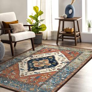 Beeiva Oriental 3x5 Washable Rug, Boho 3x5 Entryway Dorm Rug with Non Slip Backing, Vintage Tribal Medallion Low Pile Bedroom Mat for Front Door Entry Indoor Space (Rust/Navy Blue)