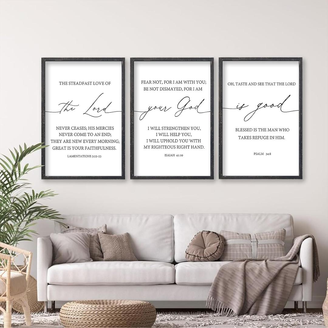 The Lord Your God Is Good Bible Verses Wall Art Decor Set of 3 24"x16" Bedroom Above Bed Inspirational Christian Scripture Wood Framed Sign Rustic Home Living Room Office Wall Hang (Black)