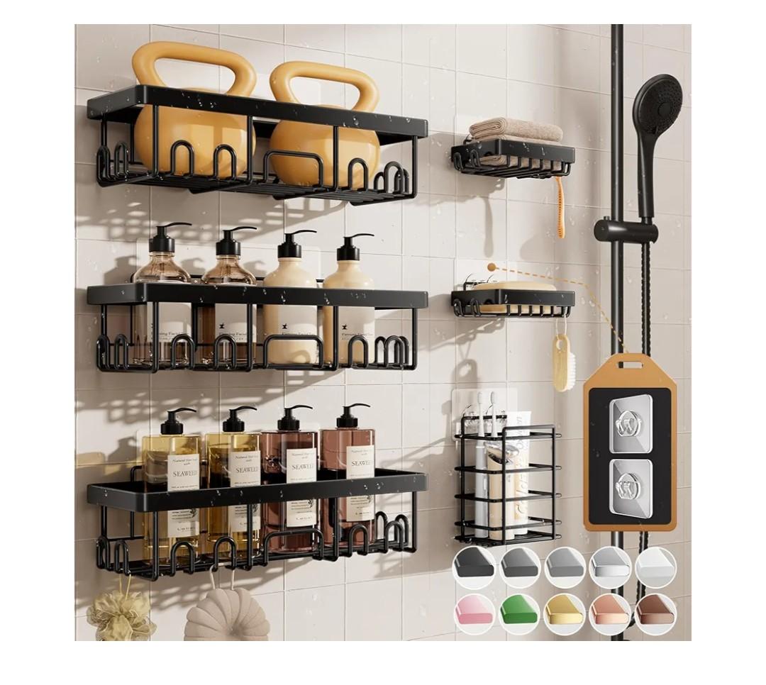 Veken Shower Caddy 6-Pack, Advanced Rustproof Design, No Drilling Adhesive Shelves, Rack with Soap Holder, Large Capacity Bathroom Organizers and Storage, Wall-Mounted Kitchen & Home Decor