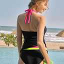 ZAFUL Tankini Swimsuits for Women Tummy Control Halter Neck Mid Waist Ruched Color Block Two Piece Bathing Suits Swimwear(1-Black, S)