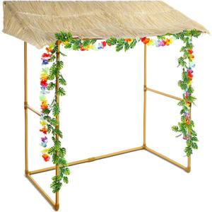 Jexine Tiki Bar Hut Tropical Tabletop Hut with 2 Pcs Decorative Artificial Monstera Tropical Garland Fake Tropical Jungle Hanging Plants for Summer Hawaiian Luau Beach Pool Party Decorations