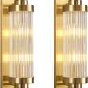 Gold Wall Sconces Set of Two with Crystal Glass Strip Bathroom Sconces Modern Wall Lights for Bedroom Living Room Hallway Wall Light Fixtures, 2 Light E12 Base (15.74 in High)