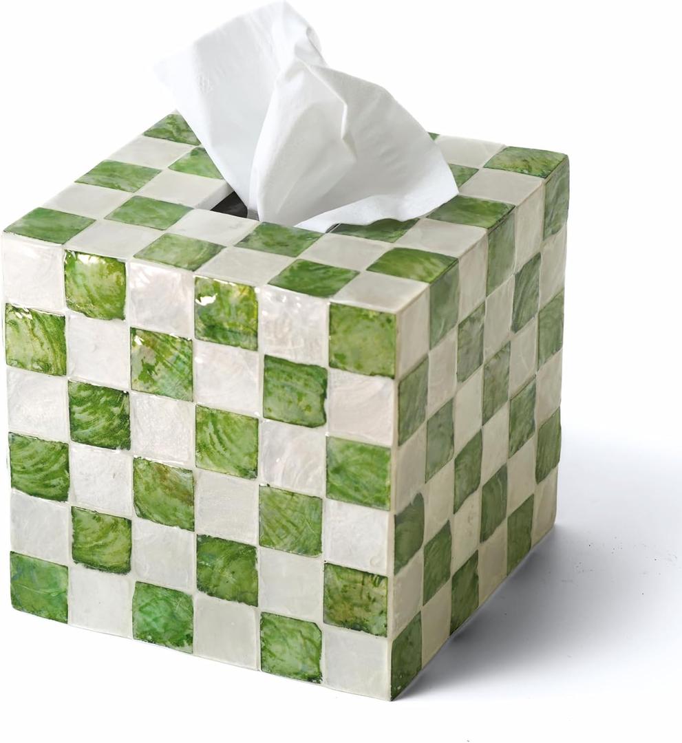 CHI AN HOME 5.7" Square Tissue Box Cover, Handmade Checkered Cube Tissue Box Cover with Capiz Shells, Decorative Tissue Holder for Living Room, Bathroom, Bedroom or Office (Pistachio Green)