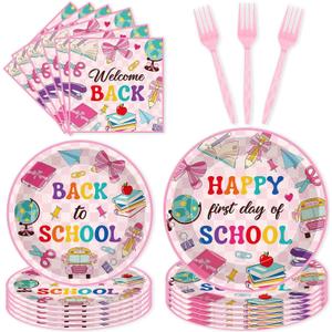 96 Pcs Back to School Bow Decorations, Pink Bow Plates Napkins Forks for 24 Guests, Party Tableware Supplies Set for First Day of School Classroom Party Event