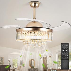 36'' Fandelier Ceiling Fans with Light, Gold Retractable Crystal Chandelier Fan, Reversible, Remote Control, Dimmable Ceiling Light Kits for Dining Living Room, Bedroom