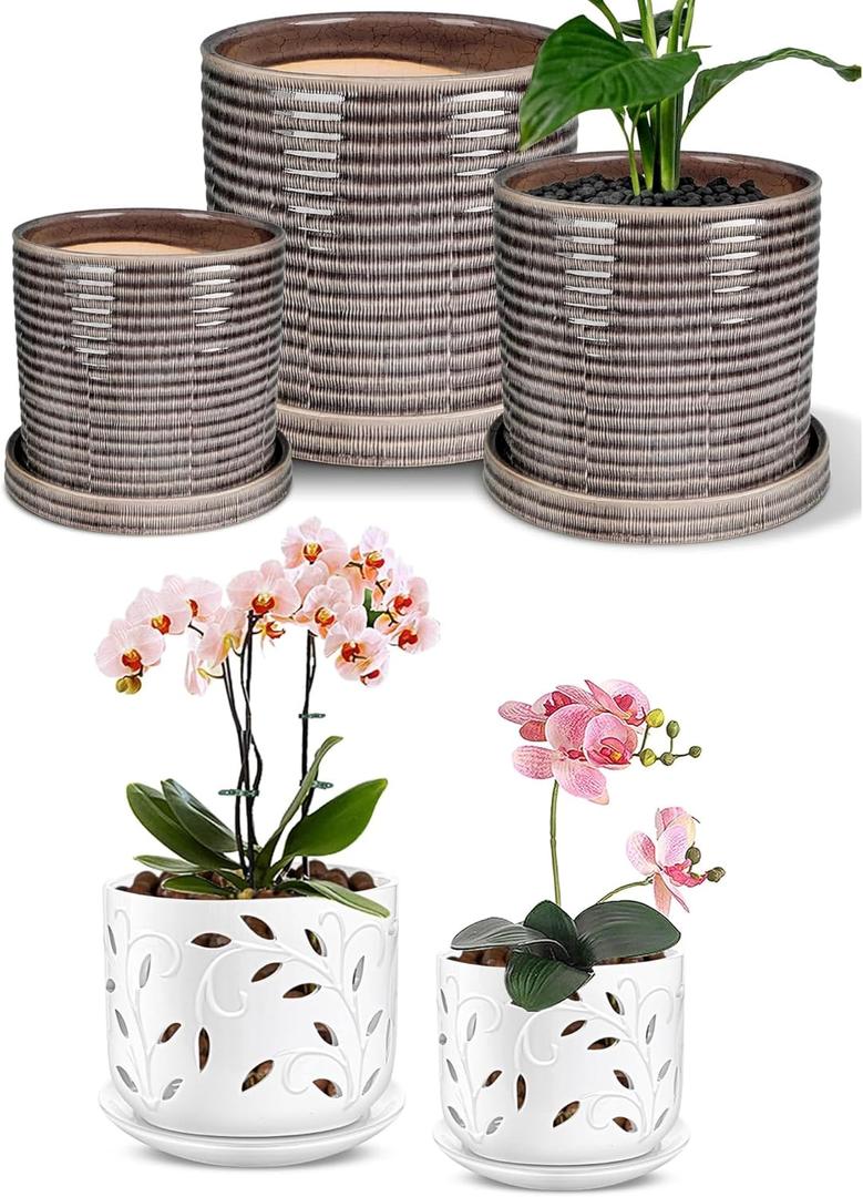 EFISPSS Ceramic Plant Pots, 6+8+10 Inch Ceramic Pot for Plants, Indoor Flower Pots with Drainage Hole and Saucer, Set of 3 - Brow