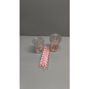Jingmore 50 Pcs Party Disposable Plastic Cups 12 oz with Lids Straws Themed Party Supplies Plastic Tumbler for Birthday Table Decorations Favors(Strawberry 1st,Pink and Red)