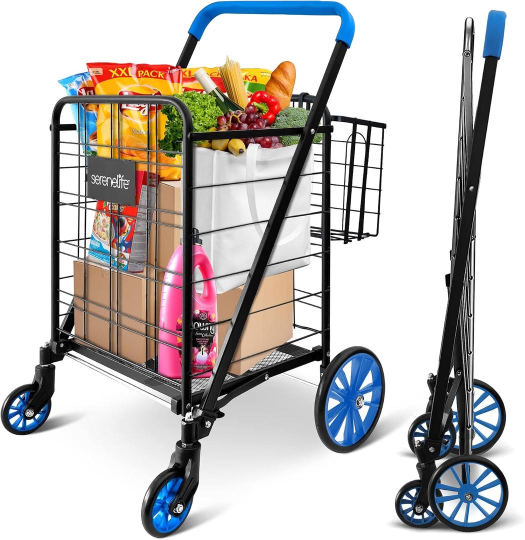 SereneLife Shopping Supermarket Cart with 360 Rolling Swivel Wheels, Collapsible Design, Double Basket Compartment, Heavy Duty Shopping Cart, Utility Cart for Grocery, Laundry, Luggage, Blue