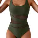 B2prity Women's Mesh One Piece Swimsuit Tummy Control Sexy Bathing Suit Push Up Swim Suit Slimming Swimwear (XX-Large, Army Green Black)