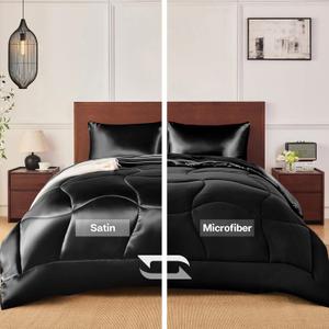 MR&HM Queen Comforter Set Black, Reversible Satin Microfiber Comforter Set for All Seasons, 3 Pieces Non-Slip Silky Soft Bedding Sets with 1 Comforter (90"x90") and 2 Pillowcases (20"x26")