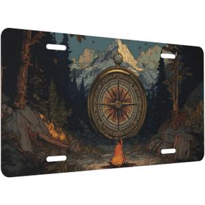 Front License Plate Cover, Nature Mountain Compass Car Decor Accessory Aluminum Metal Rust-Proof US Car Plate Novelty Vanity Tag Cover Decorative with 4 Holes for Men Women 6 * 12 in