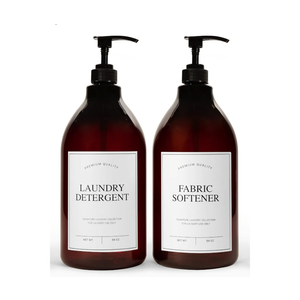 Calindiana Modern Farmhouse Liquid Laundry Detergent and Fabric Softener Dispenser for Laundry Room Decor and Organization, PET Plastic Landry Soap Containers with Water Resistant Labels, Amber 64oz