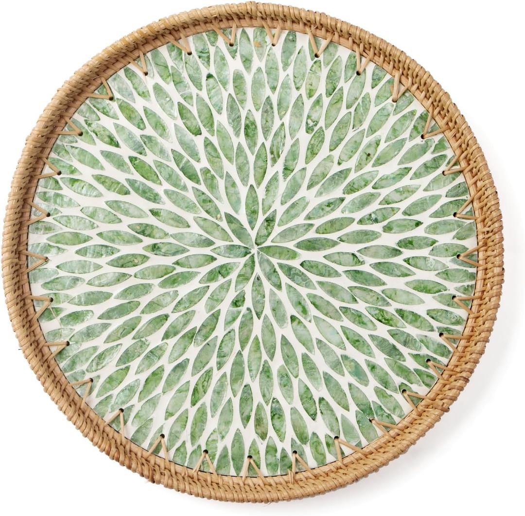 Round Rattan Tray with Mother of Pearl Inlay, Decorative Wicker Serving Tray with Wooden Base, Woven Basket Trays for Bread Fruits Coffee, Leaf