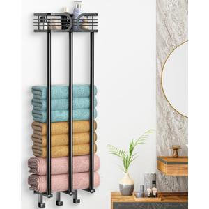 ENONCI Towel Rack Wall Mounted, Towel Storage for Bathroom，Towel Holder with Shelf and 3 Hooks, Towel Racks Wall Can Holds Up to 6 Large Size(63"x40") of Rolled Towels, Matte Black